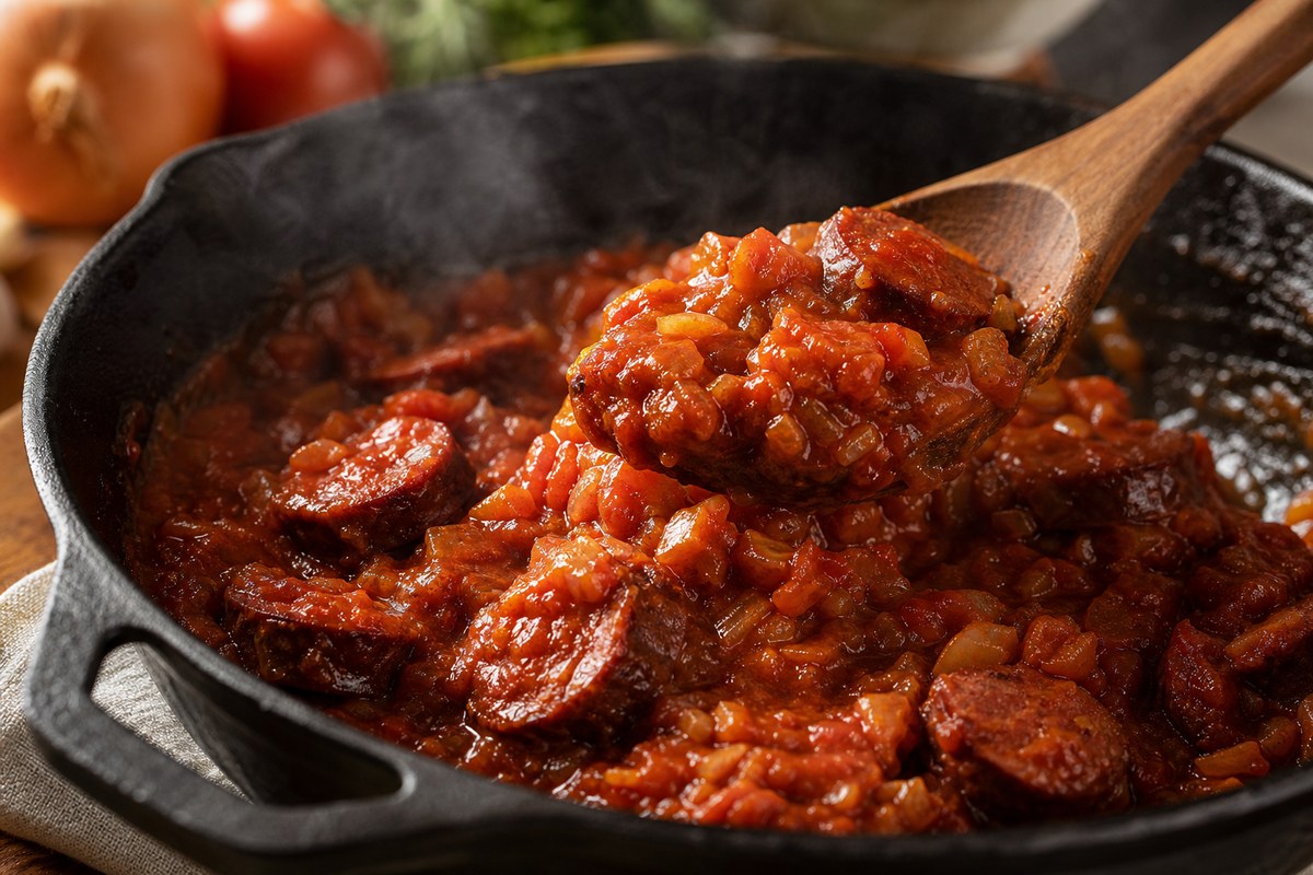 Sauce tomate épaisse avec morceaux de saucisse dans une poêle