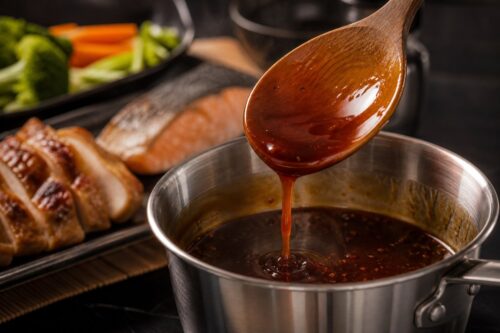 Sauce teriyaki maison brillante qui nappe une cuillère au-dessus d’une casserole