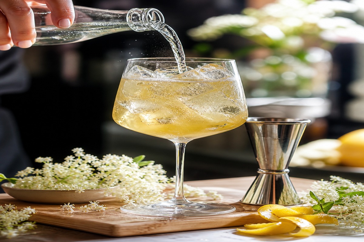 Versement d’eau pétillante dans un Spritz St-Germain avec glaçons et zeste de citron