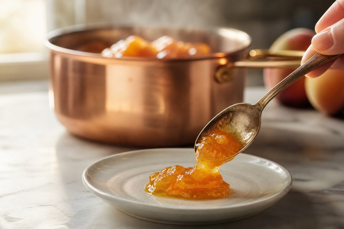 Test de l’assiette froide pour vérifier la prise d’une confiture de pêches