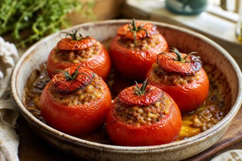 Tomates farcies au four bien tenues dans un plat en céramique