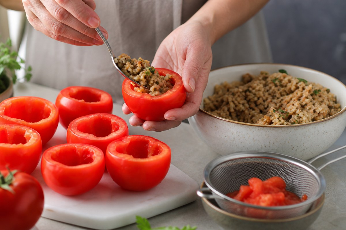 Tomates évidées garnies de farce avant la cuisson