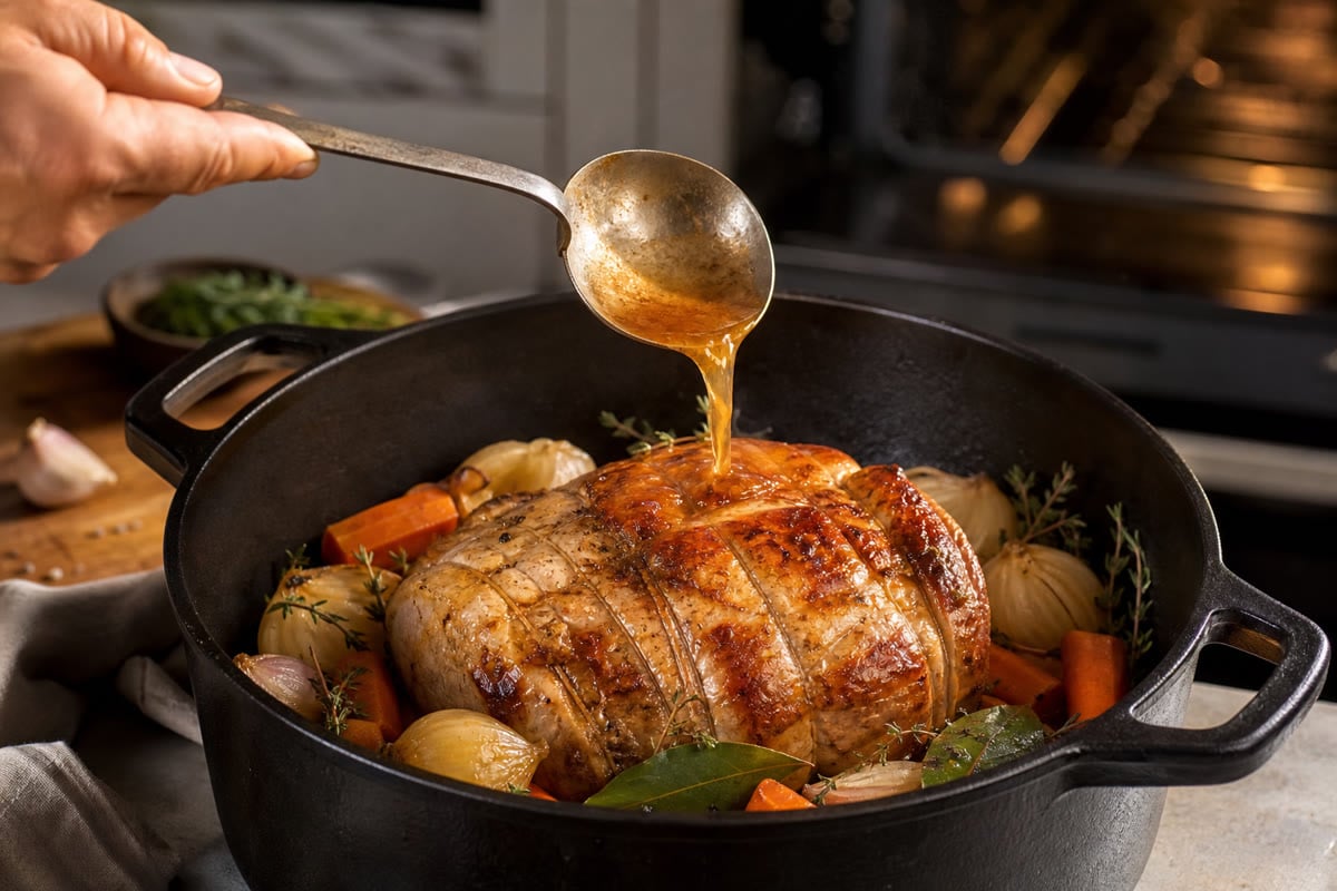 Rouelle de porc arrosée avec son jus dans une cocotte
