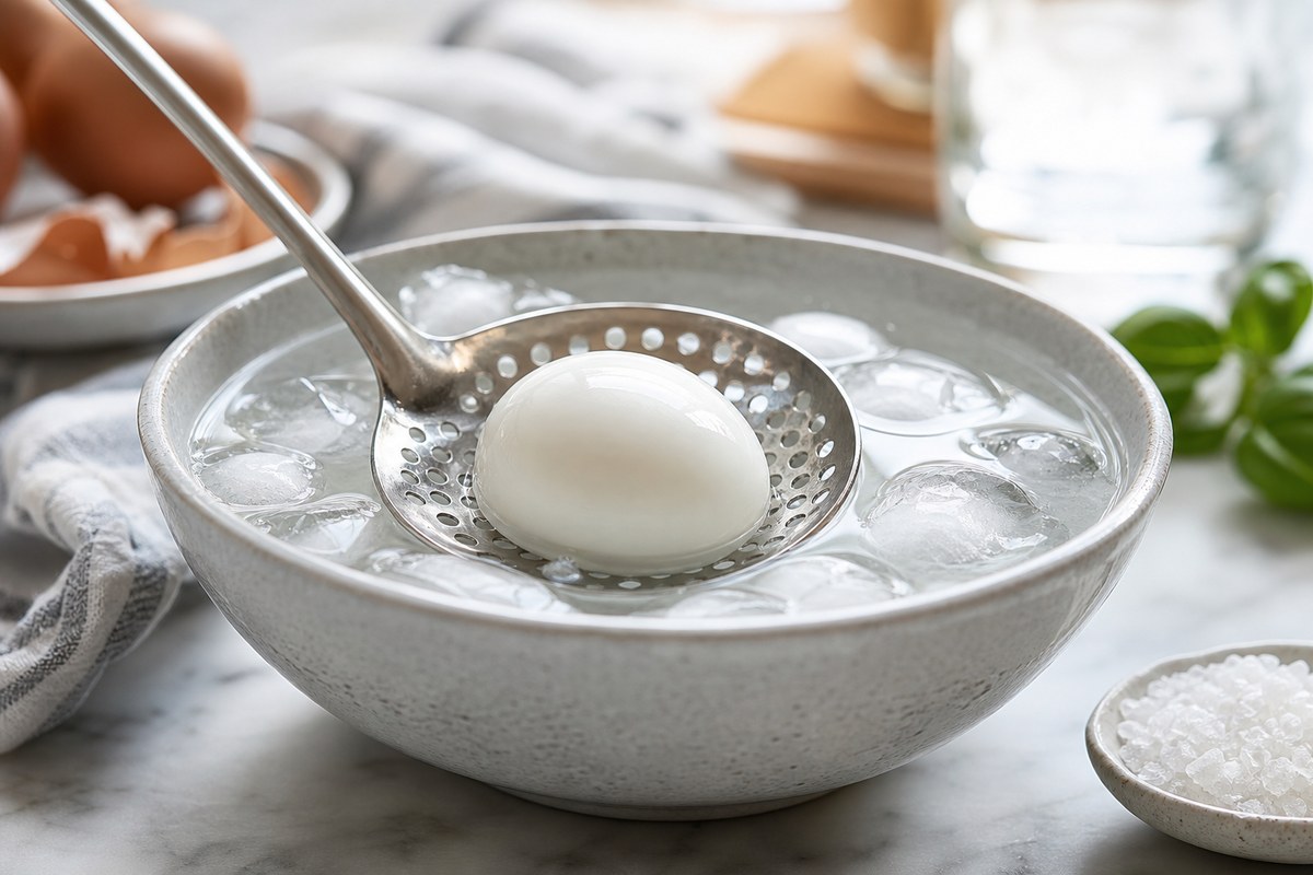 Œuf mollet refroidi dans un bain d’eau glacée après cuisson