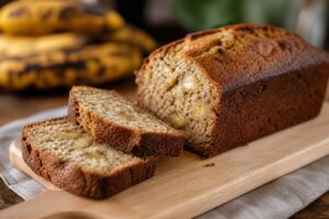 Banana bread tranché avec mie moelleuse et bananes très mûres en arrière-plan