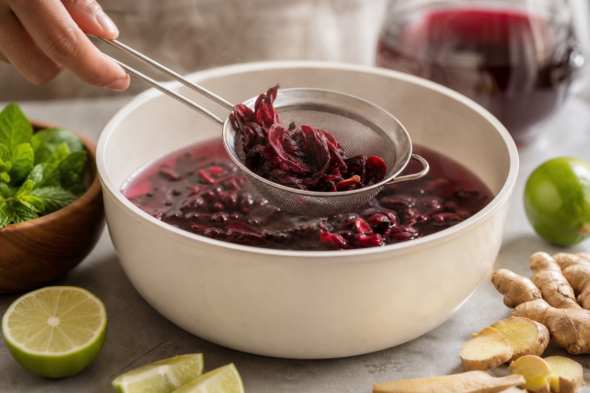 Fleurs d’hibiscus filtrées après infusion pour préparer du bissap maison