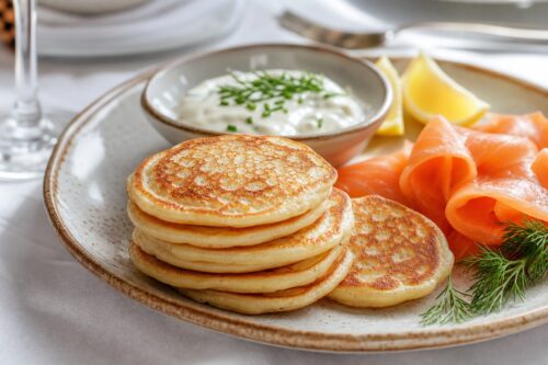 Pile de blinis maison avec crème aux herbes et saumon fumé