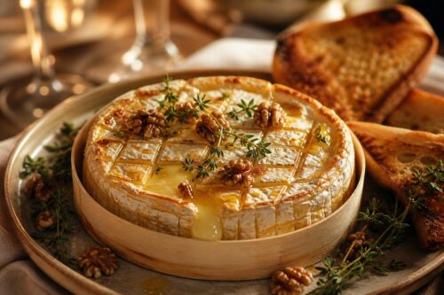 Camembert au four coulant dans sa boîte avec noix thym et pain grillé