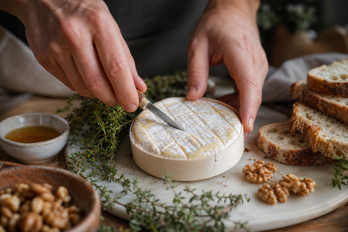 Camembert quadrillé avant cuisson avec thym miel et noix