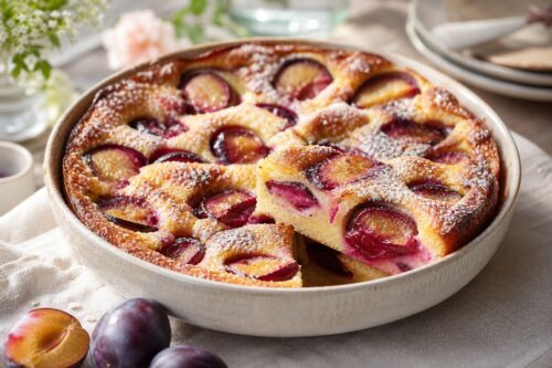 Clafoutis aux prunes doré dans un plat avec pâte prise et fruits juteux