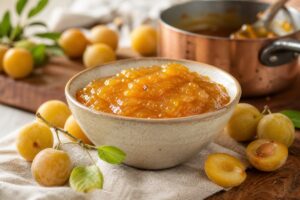 Bol de confiture de mirabelles dorée avec fruits frais