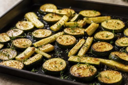 Courgettes au four bien dorées sur une plaque avec thym et huile d’olive