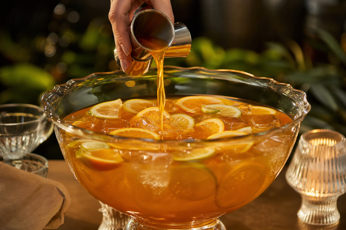 Liqueur dosée au jigger versée dans un saladier d’agrumes