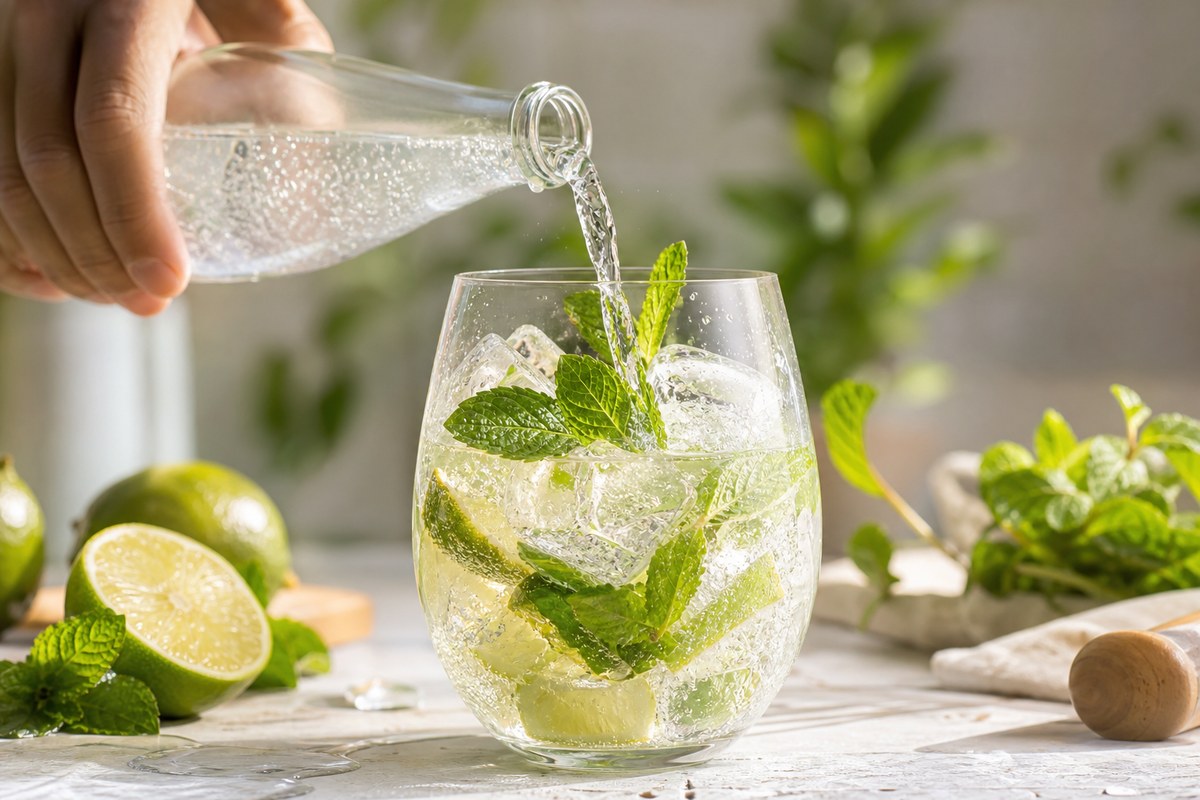 Eau gazeuse versée au dernier moment dans un Hugo spritz avec menthe et citron vert