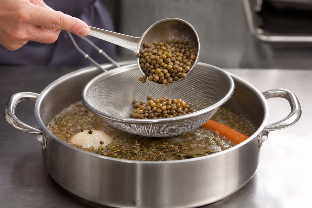 Lentilles vertes égouttées délicatement au-dessus d’une casserole aromatique