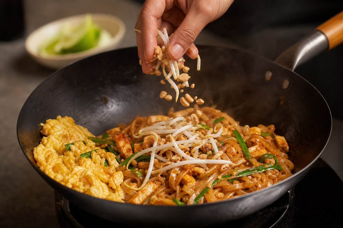 Pousses de soja et cacahuètes ajoutées dans un wok de pad thaï