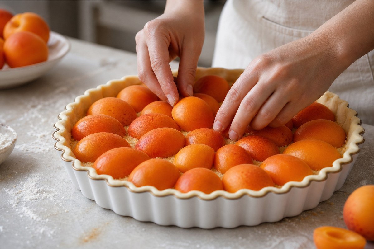 Abricots posés sur un fond de tarte protégé par une fine couche de poudre d’amande