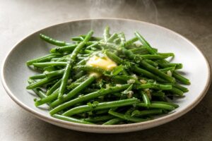 Haricots verts bien verts avec beurre fondu, ail discret et persil