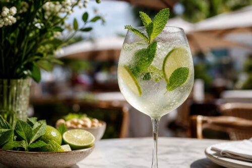 Hugo spritz frais avec menthe, citron vert, glaçons et bulles dans un verre ballon