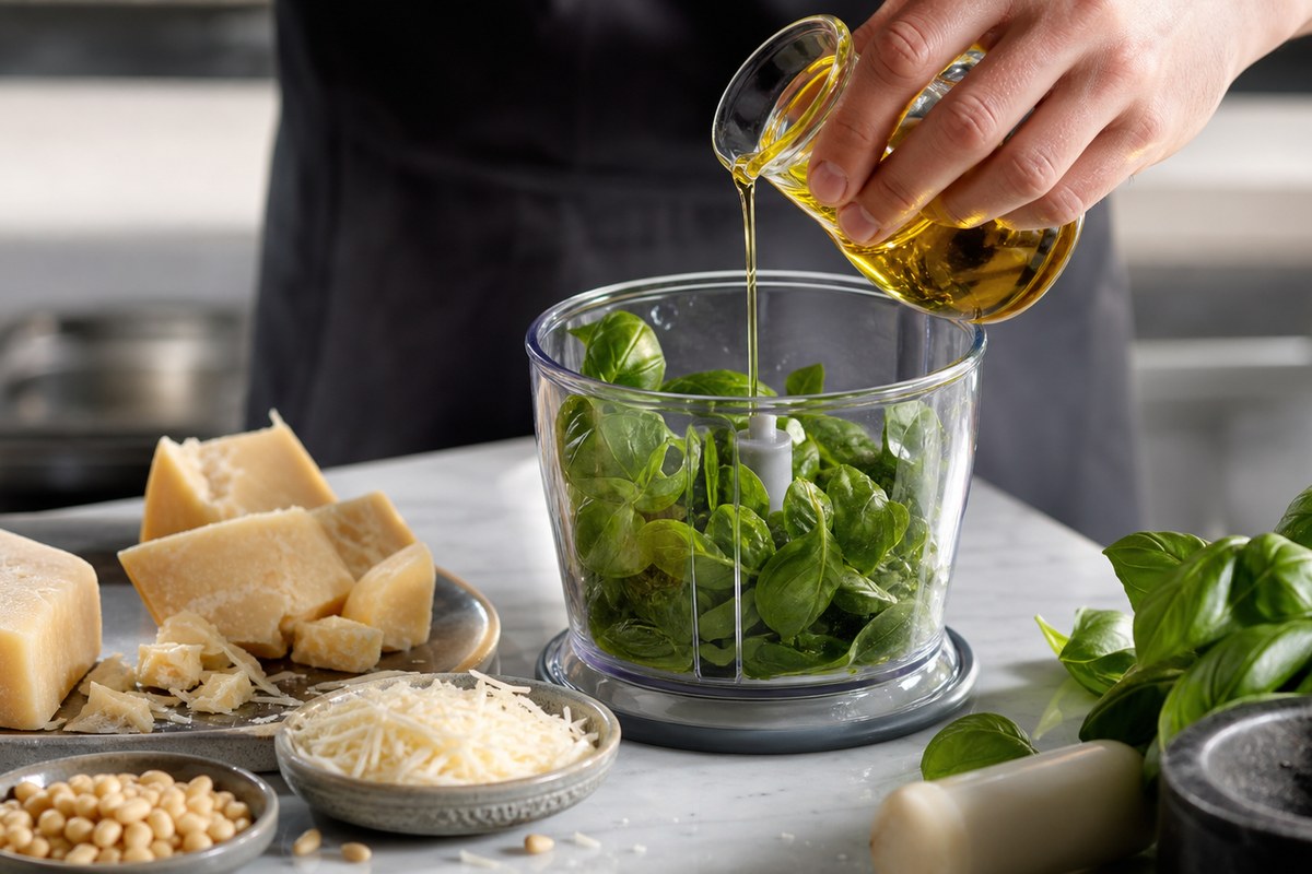 Huile d’olive versée sur du basilic frais dans un petit mixeur pour préparer un pesto maison
