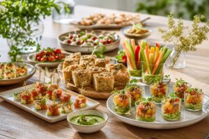 Table d’apéro dînatoire avec bouchées, verrines, légumes et sauces