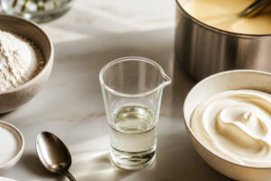 Verre de mesure sans chiffres avec crème, farine, sauce et ingrédients de cuisine