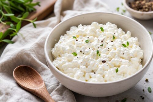 Bol de cottage cheese maison aux grains souples et légèrement crémés