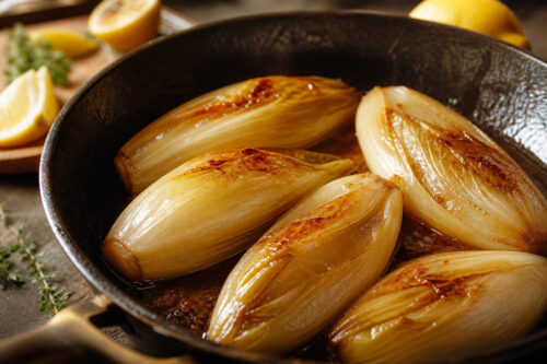 Endives braisées dorées dans une poêle avec un jus réduit brillant