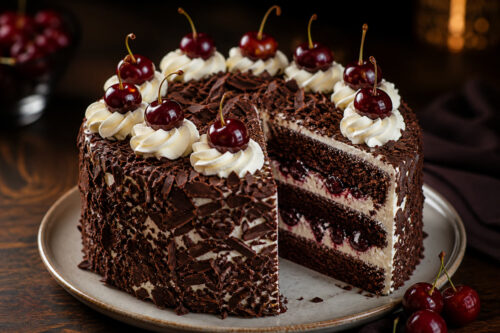 Forêt noire au chocolat avec chantilly ferme, cerises et couches nettes