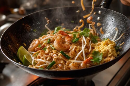 Pad thaï maison sauté rapidement dans un wok avec crevettes et citron vert