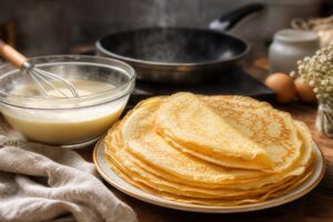 Pile de crêpes maison avec bol de pâte lisse et poêle chaude
