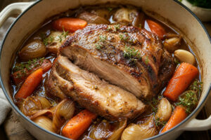 Rouelle de porc au four cuite lentement avec carottes, oignons et jus brillant