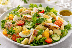 Salade composée fraîche avec sauce à part, légumes, œufs, pâtes et poulet