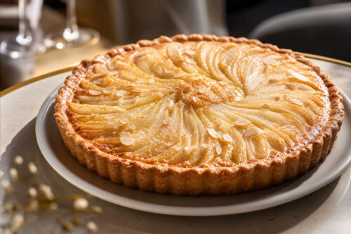 Tarte Bourdaloue dorée avec poires fondantes et amandes effilées