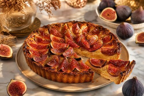 Tarte aux figues dorée avec fond de tarte net et fruits caramélisés