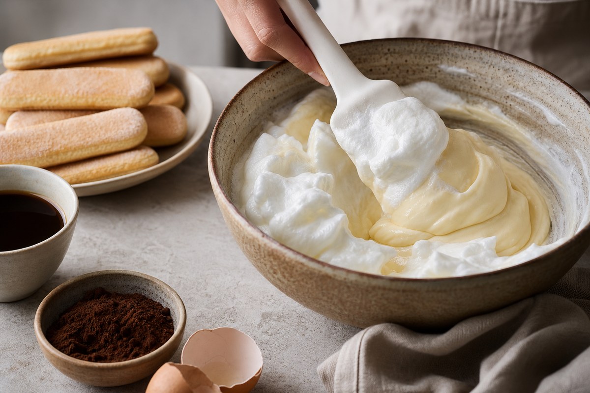 Blancs montés incorporés délicatement dans une crème mascarpone pour un tiramisu maison