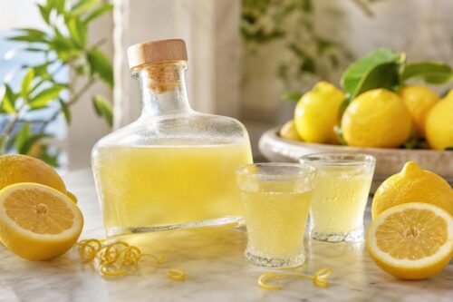 Limoncello maison en bouteille avec verres citrons frais et zestes jaunes