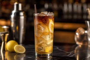 Long Island iced tea dans un verre highball avec glace et citron