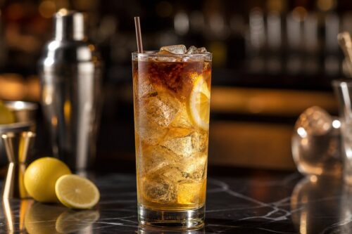 Long Island iced tea dans un verre highball avec glace et citron