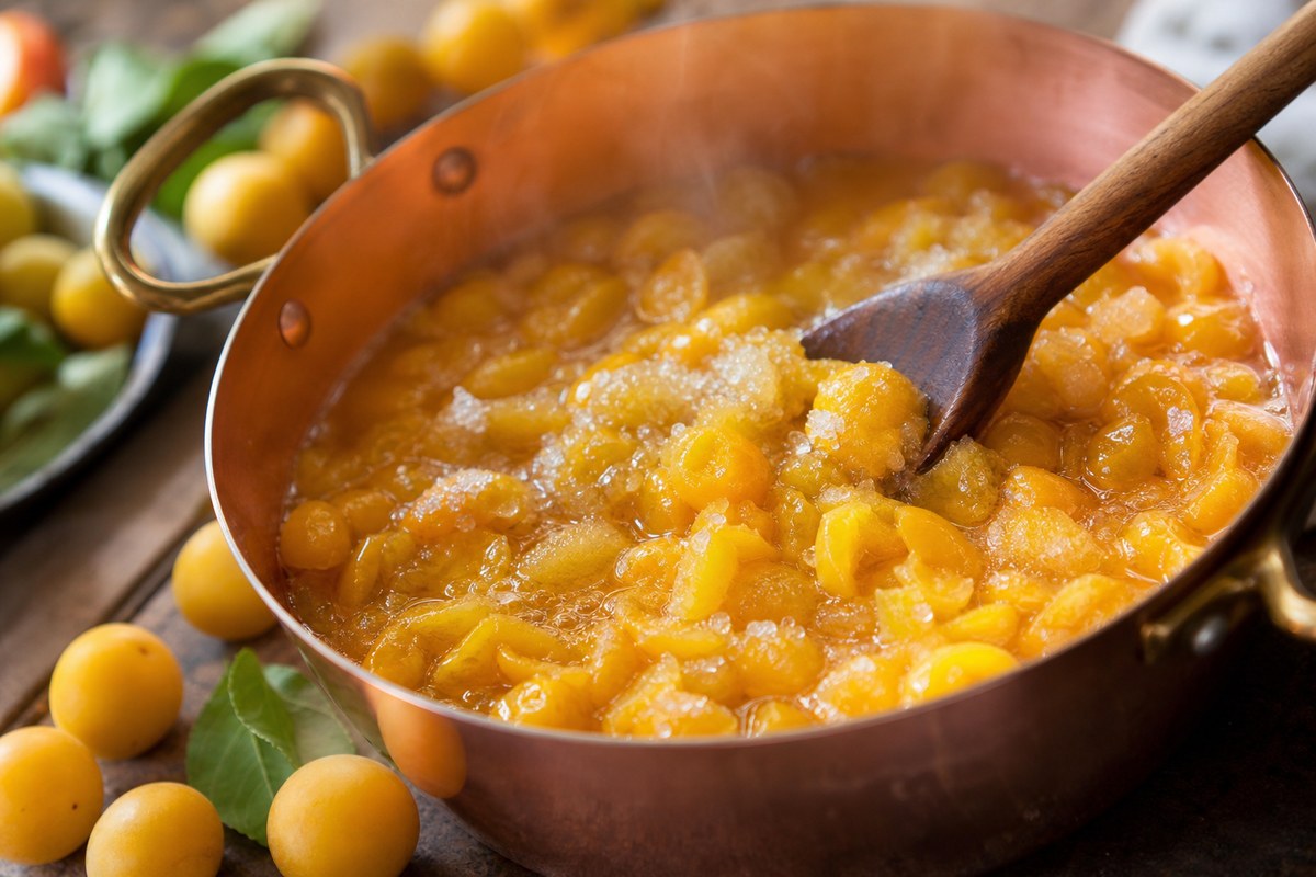 Mirabelles avec sucre dans une bassine en cuivre pour confiture