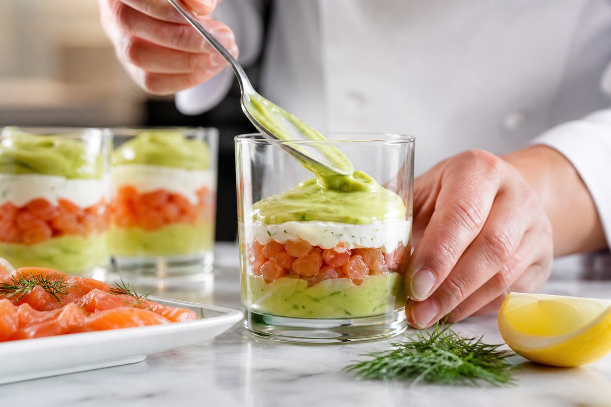 Montage d’une verrine avocat saumon avec une couche d’avocat et une crème légère