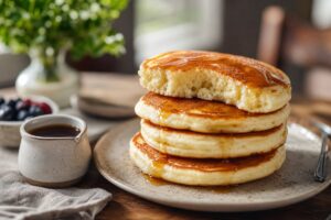 Pile de pancakes fluffy épais avec mie moelleuse et sirop