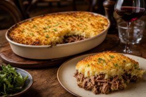 Parmentier de canard gratiné avec viande effilochée et purée dorée