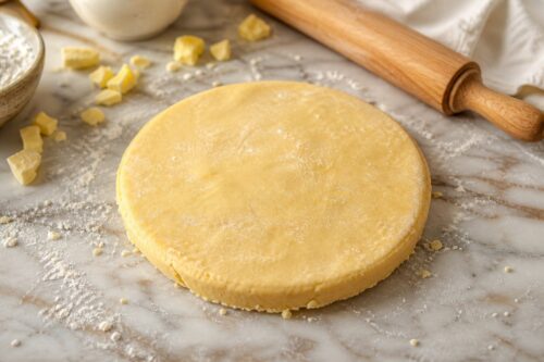 Disque de pâte sablée maison sur plan de travail fariné avec rouleau