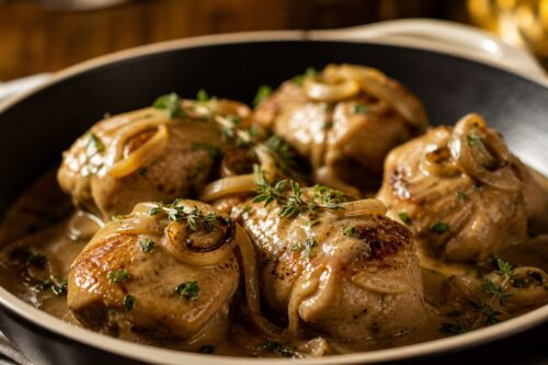 Paupiettes de veau dorées dans une cocotte avec une sauce brillante et des oignons fondus