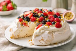 Pavlova maison garnie de crème, fruits rouges et fruit de la passion