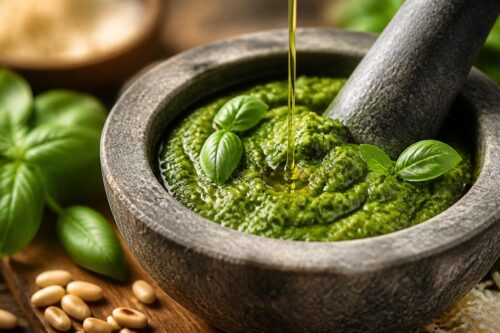 Pesto maison vert vif dans un mortier avec basilic frais, parmesan et pignons