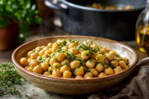 Bol de pois chiches cuits fondants avec herbes et huile d’olive