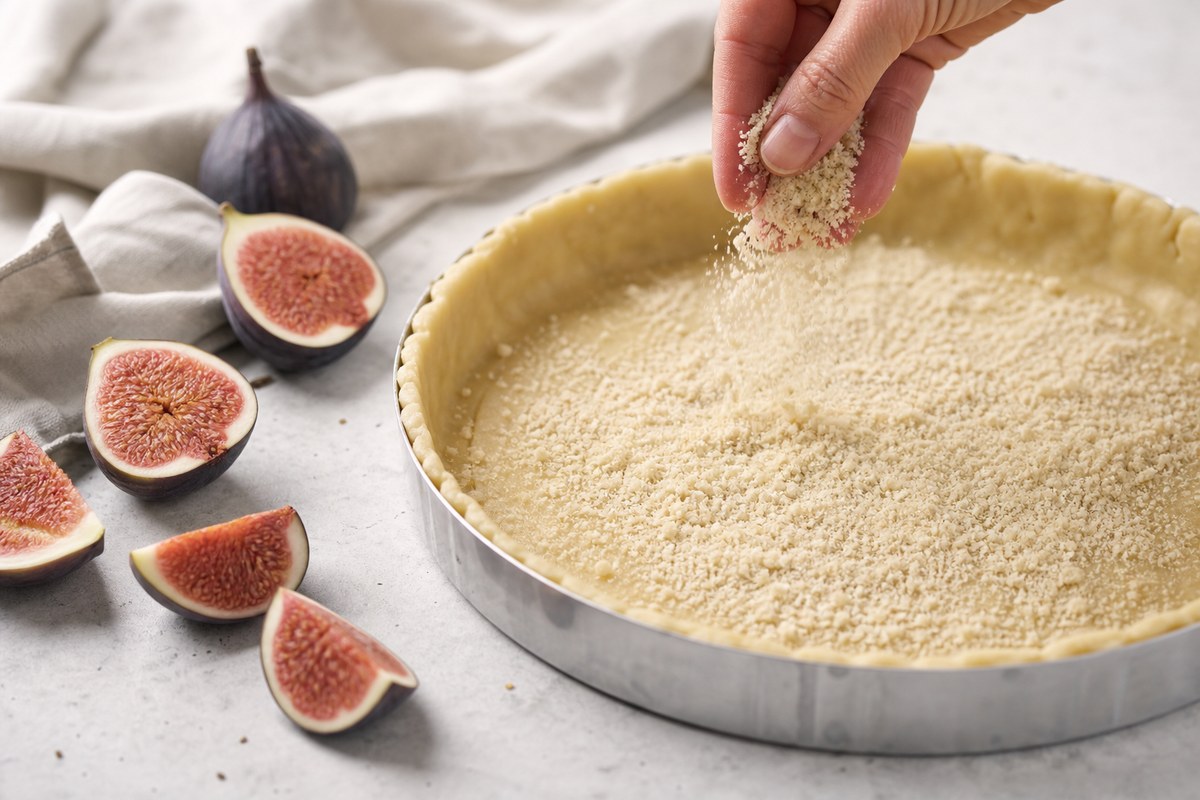 Poudre d’amande déposée sur un fond de tarte avant les figues