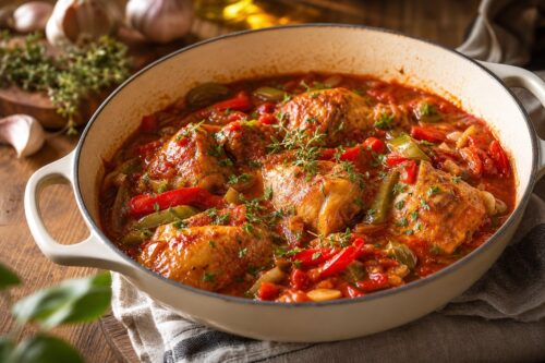 Poulet basquaise mijoté avec poivrons fondus tomate et herbes fraîches